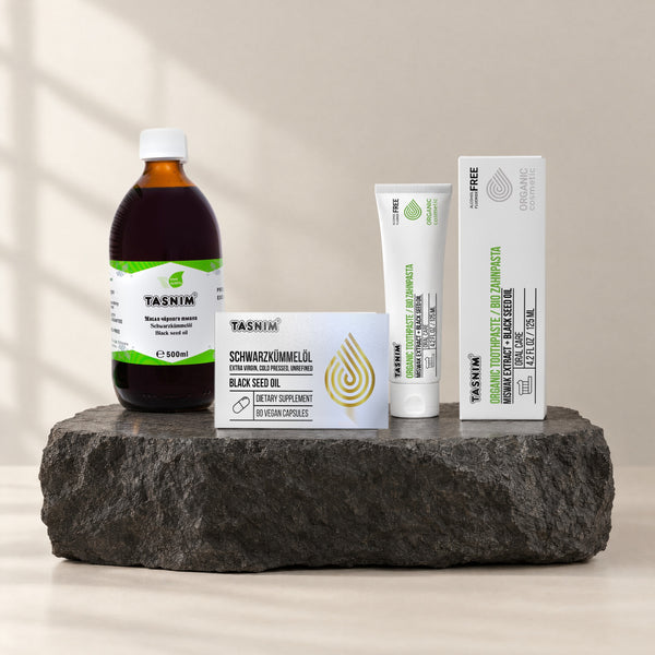 Schwarzkümmel Family Premium: äthiopisches Schwarzkümmelöl 500 ml, Schwarzkümmelöl-Kapseln und Bio-Zahnpasta 125 ml auf Basaltstein