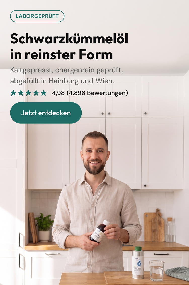 Schwarzkümmelöl in reinster Form - kaltgepresst, chargenrein geprüft, abgefüllt in Hainburg und Wien